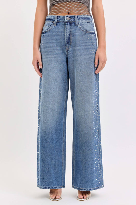 High Rise Wide Leg Jeans with Rhinestones
