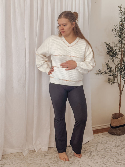 V-neck Waffle Knit Sweater Pullover