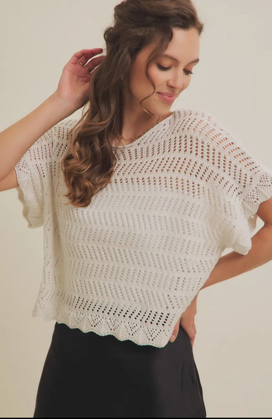 Oversized Round Neck Crochet Sweater Top with Scallop Edges