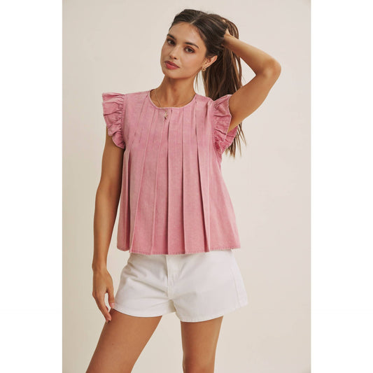 Blush Pleated Ruffle Sleeve Top