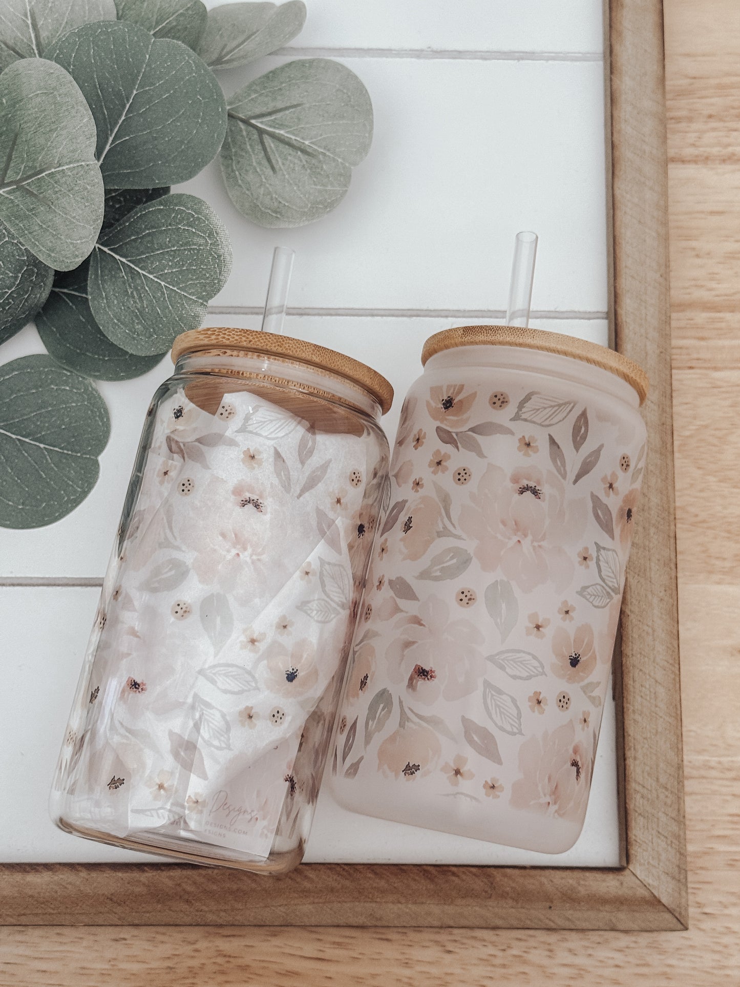 Pink Spring Watercolor Floral 16oz Glass Can Cup