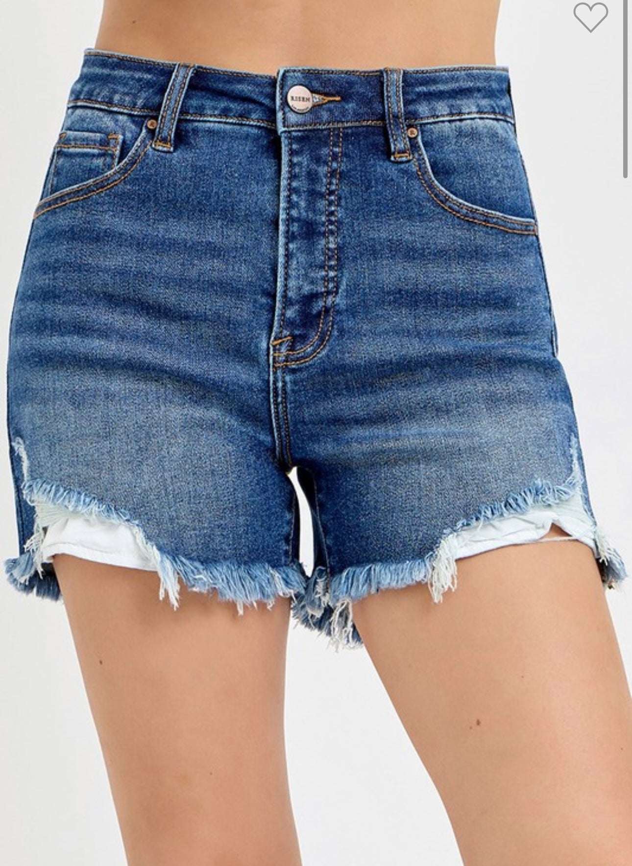 Risen High Rise Side Step Hem Shorts - Dark Wash