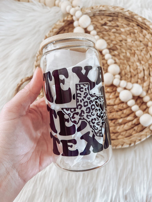 Leopard Texas State 16oz Glass Can Cup - Emma K Designs
