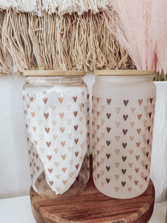 Mini Boho Hearts 16oz Glass Can Cup - Emma K Designs