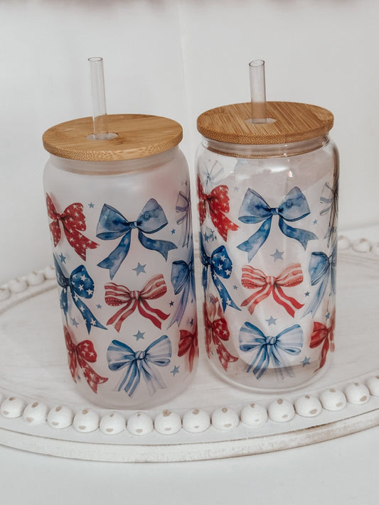 Patriotic Bows 16oz Glass Can Cup - Emma K Designs