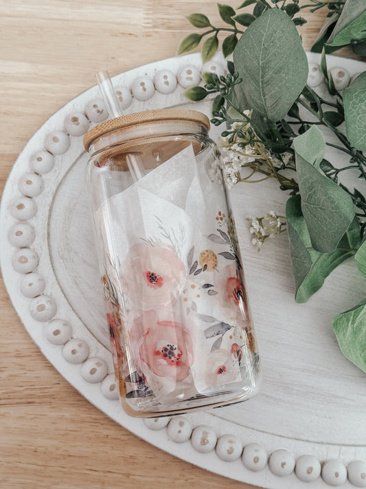 Pink Watercolor Floral Clear 16oz Glass Beer Can Cup - Emma K Designs