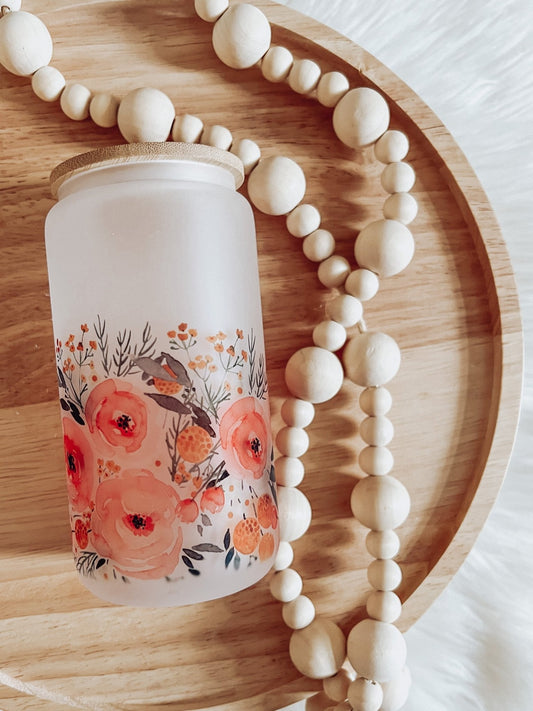 Pink Watercolor Floral Frosted 16oz Glass Beer Can Cup - Emma K Designs