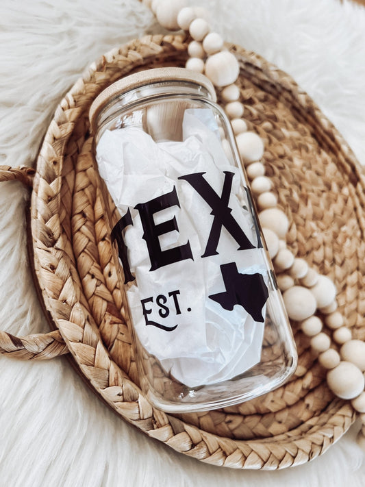 Texas Est. 1845 16oz Glass Can Cup - Emma K Designs