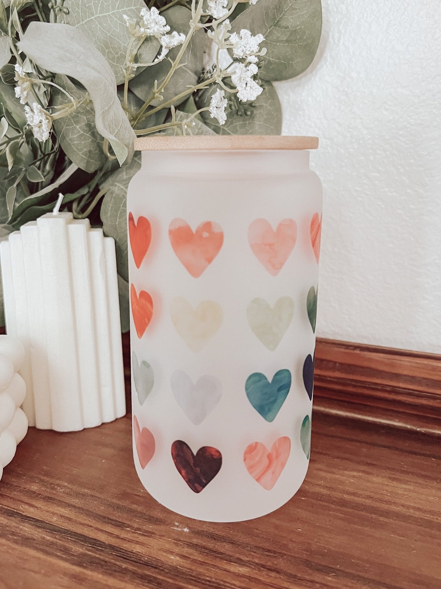 Watercolor Hearts Frosted 16oz Glass Can Cup - Emma K Designs
