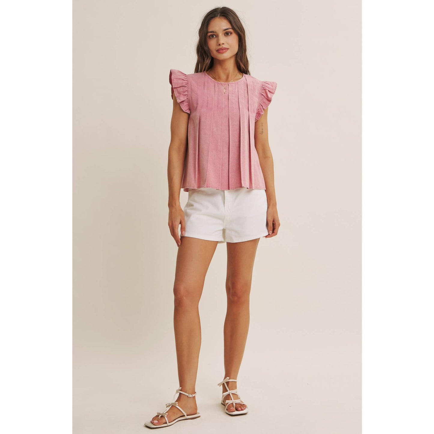 Blush Pleated Ruffle Sleeve Top
