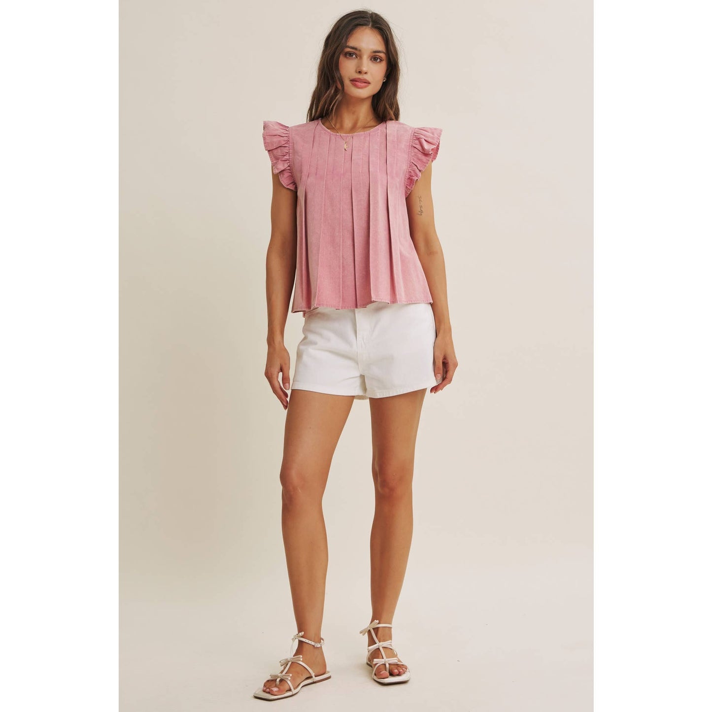 Blush Pleated Ruffle Sleeve Top