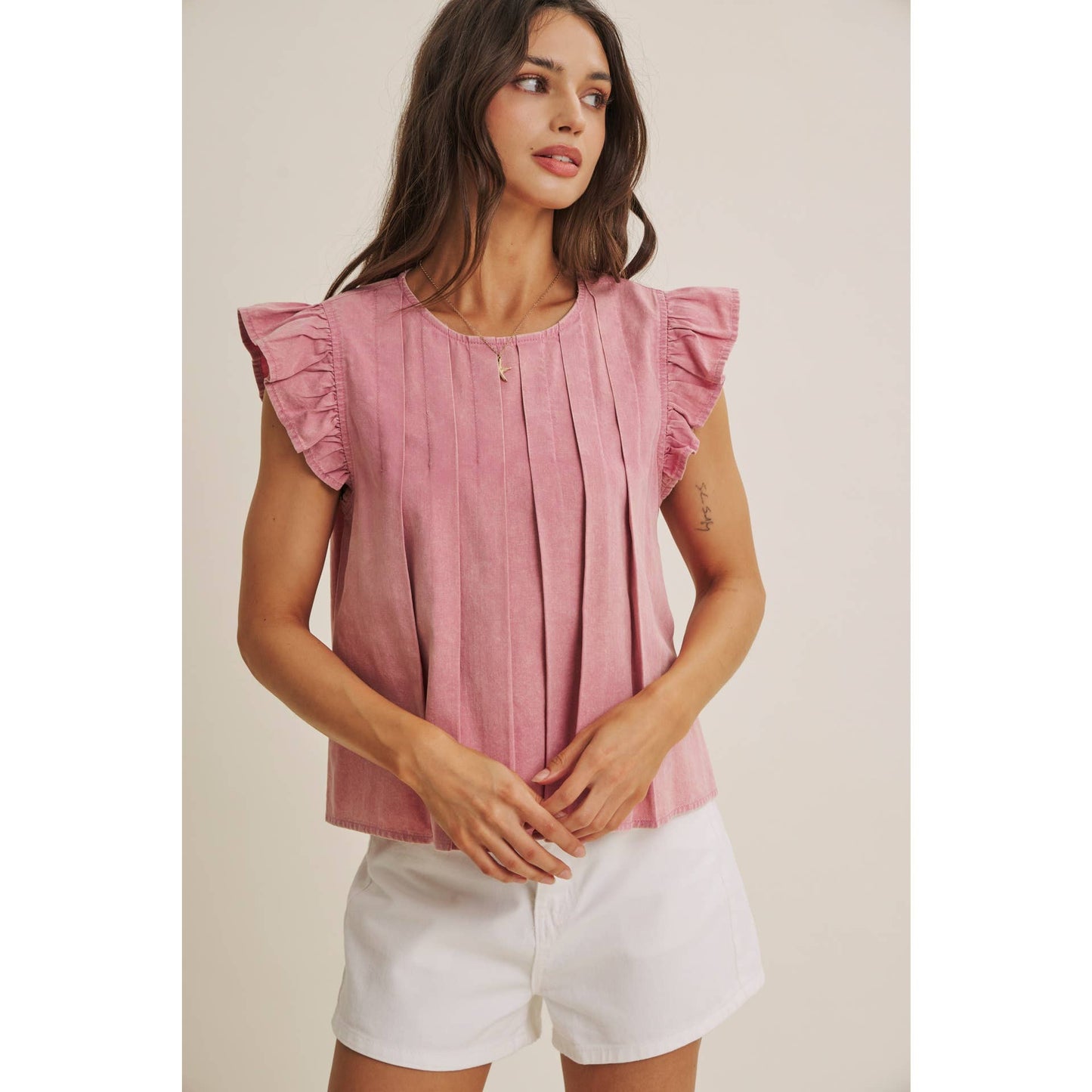Blush Pleated Ruffle Sleeve Top