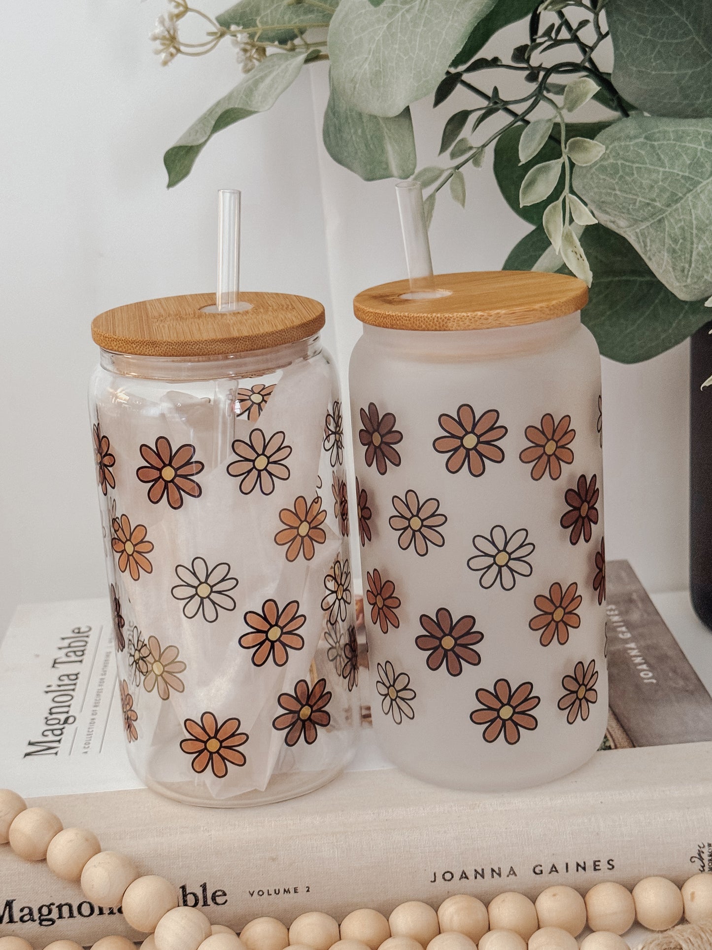 Fall Daisies 16oz Glass Can Cup