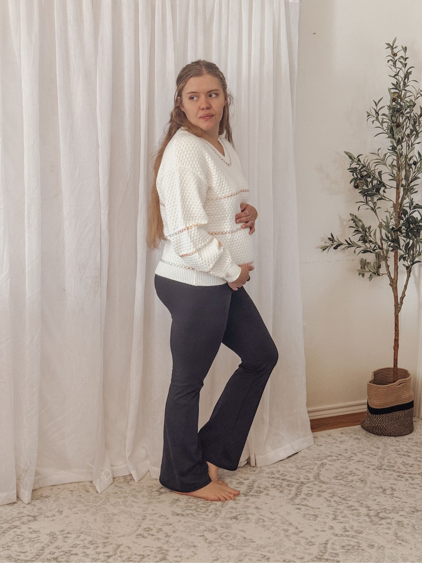 V-neck Waffle Knit Sweater Pullover