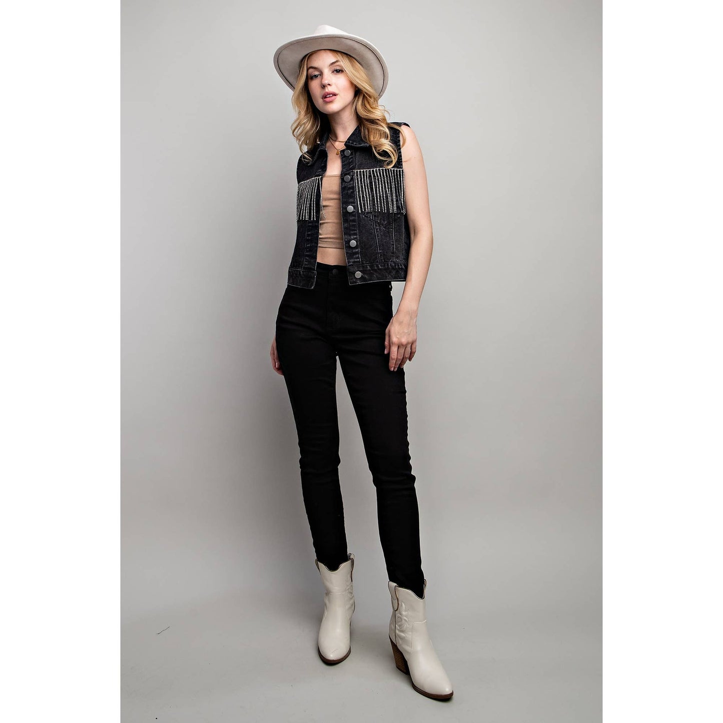 Rhinestone Fringe Denim Vest