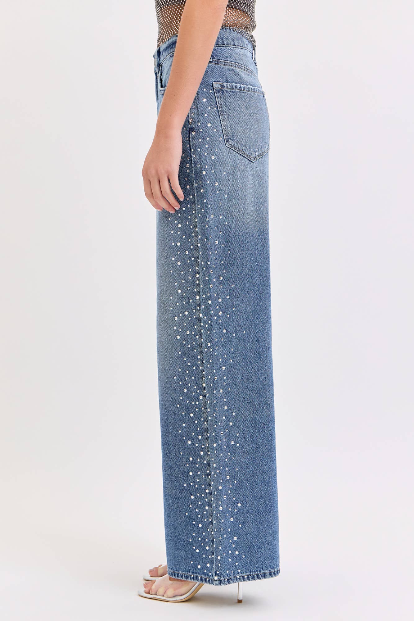 High Rise Wide Leg Jeans with Rhinestones
