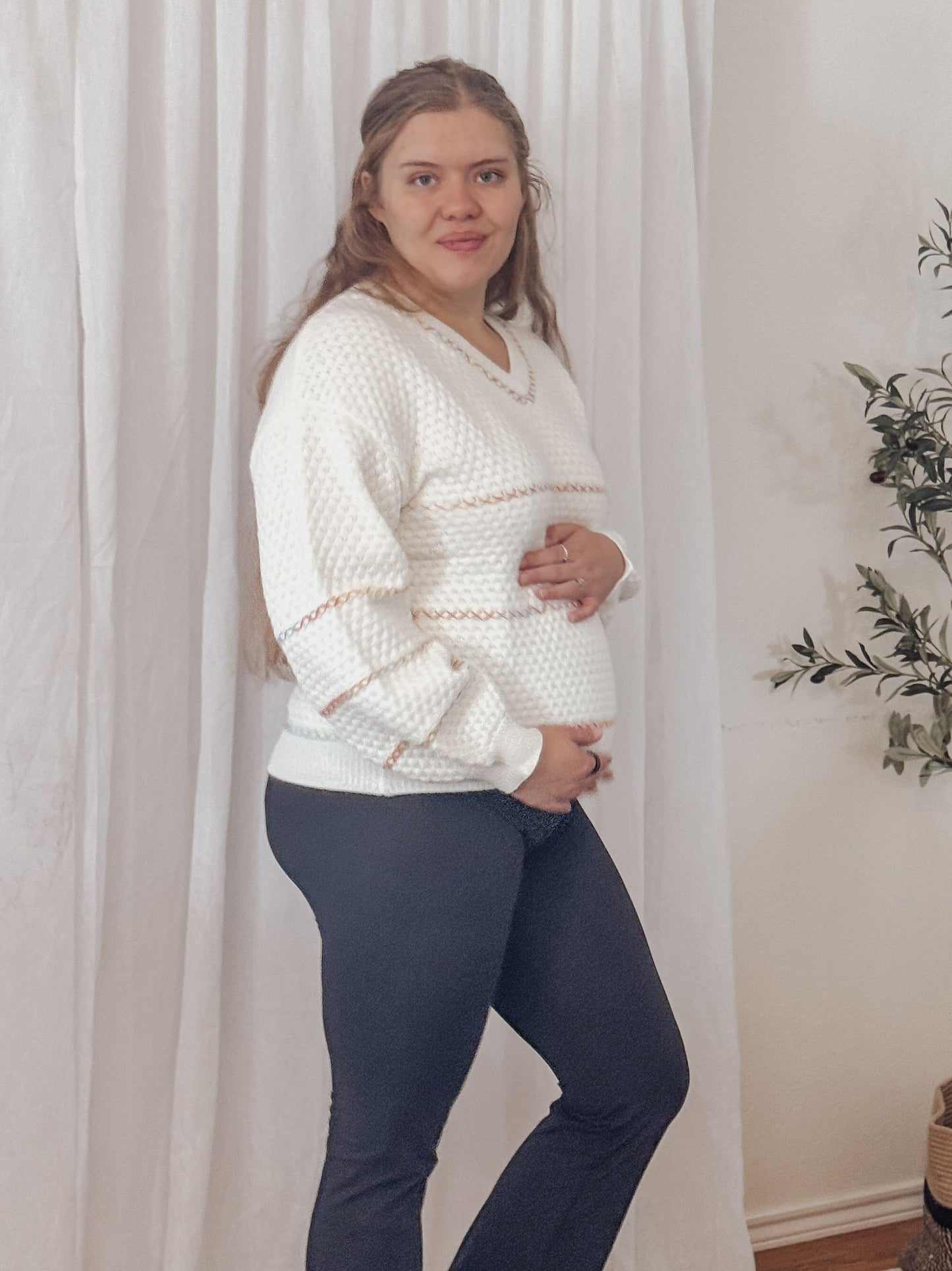 V-neck Waffle Knit Sweater Pullover