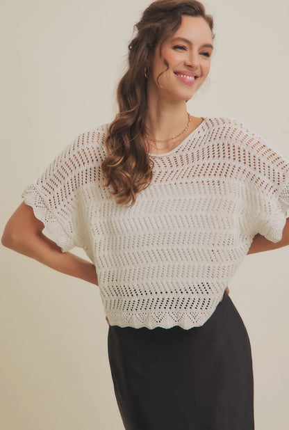 Oversized Round Neck Crochet Sweater Top with Scallop Edges