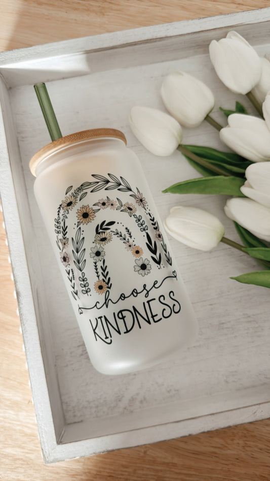 Choose Kindness Floral Rainbow 16oz Glass Can Cup