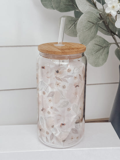 Pink Spring Watercolor Floral 16oz Glass Can Cup