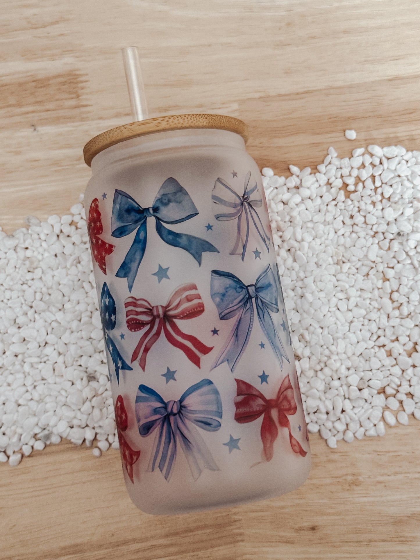 Patriotic Bows 16oz Glass Can Cup