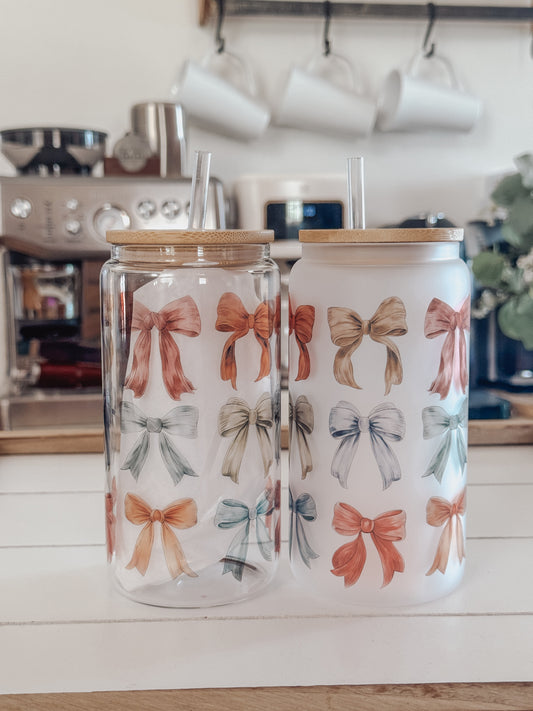 Fall Bows 16oz Glass Can Cup