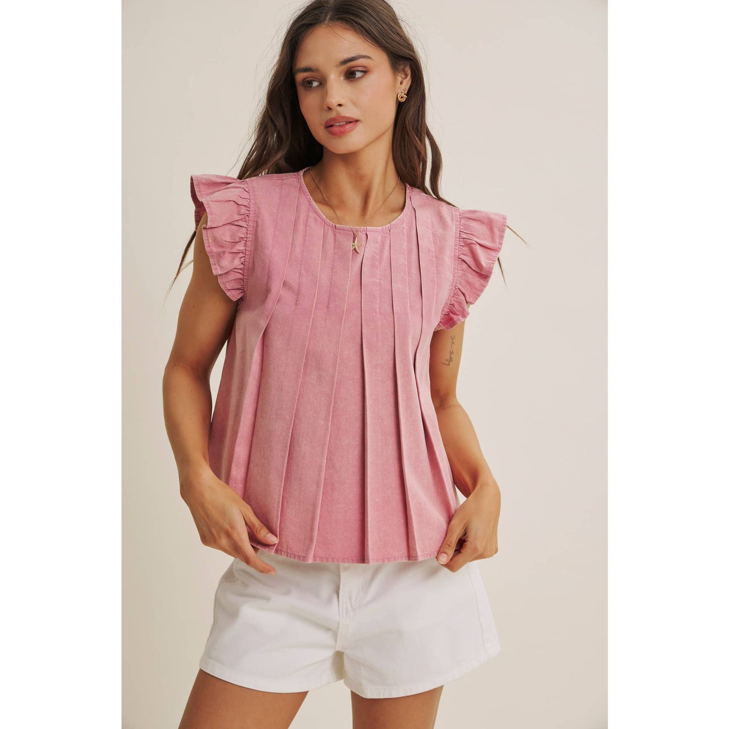 Blush Pleated Ruffle Sleeve Top
