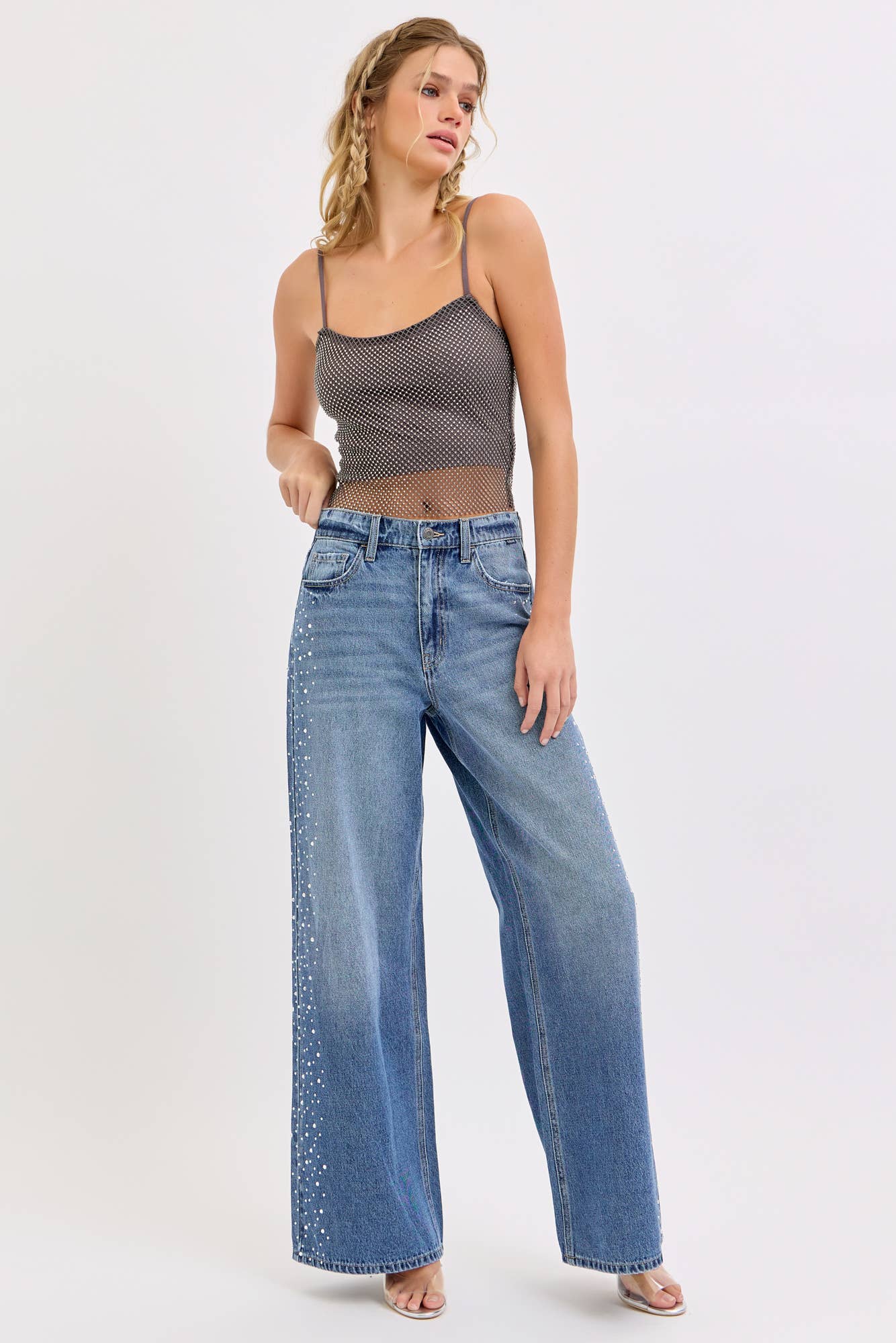 High Rise Wide Leg Jeans with Rhinestones