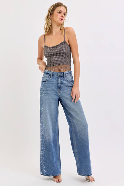 High Rise Wide Leg Jeans with Rhinestones