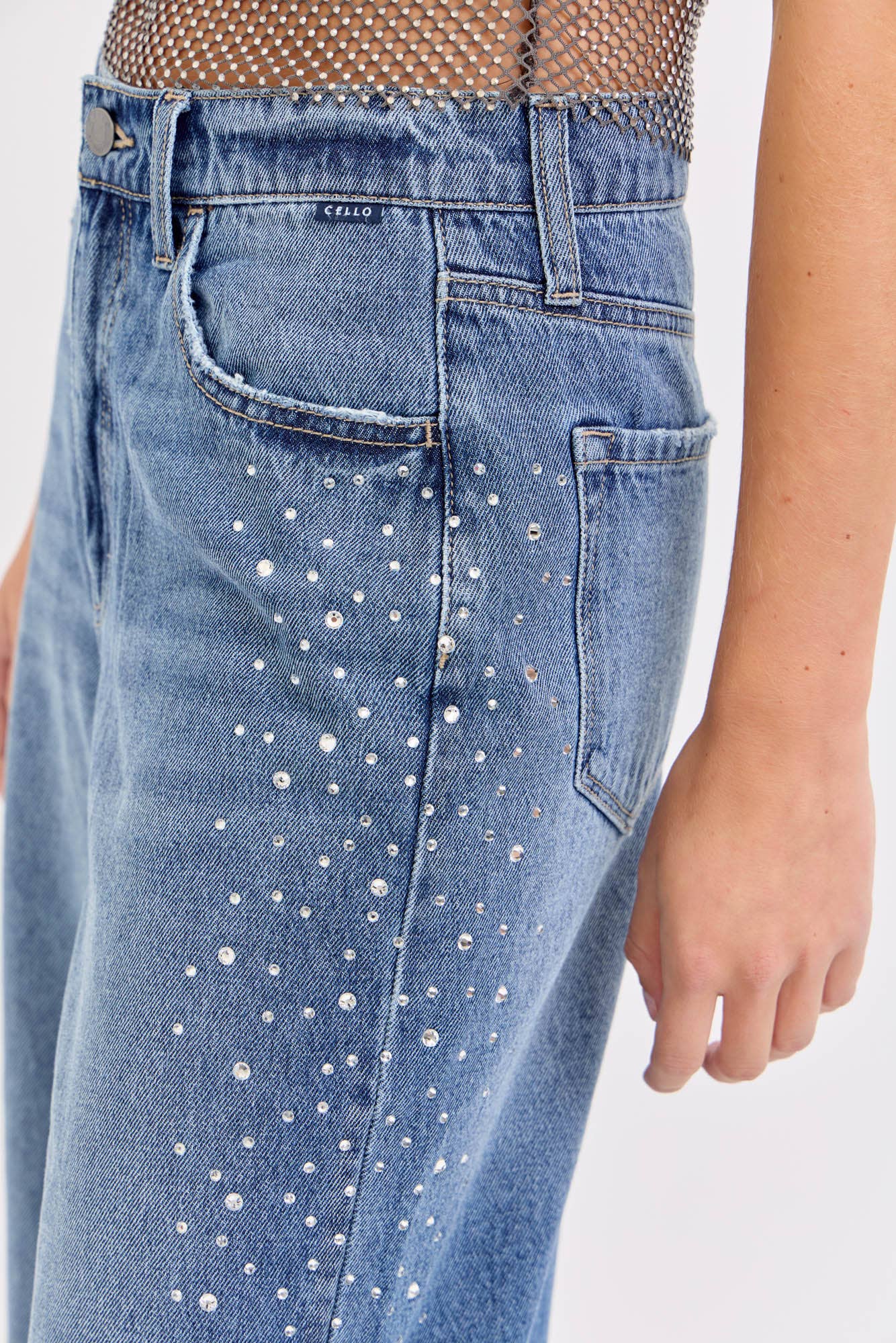 High Rise Wide Leg Jeans with Rhinestones