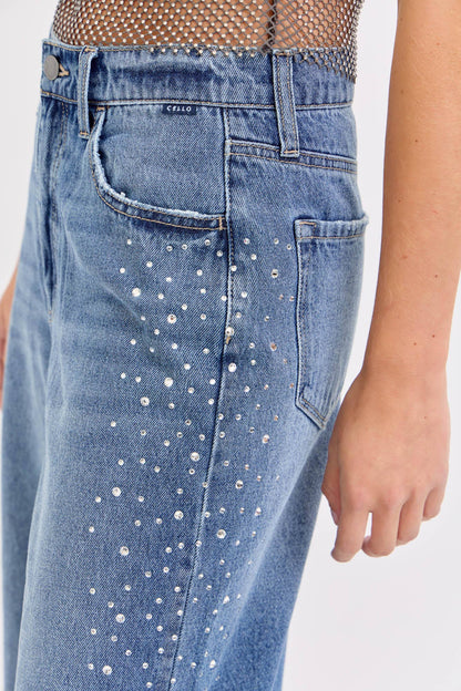 High Rise Wide Leg Jeans with Rhinestones