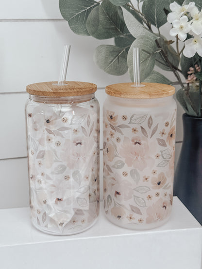 Pink Spring Watercolor Floral 16oz Glass Can Cup