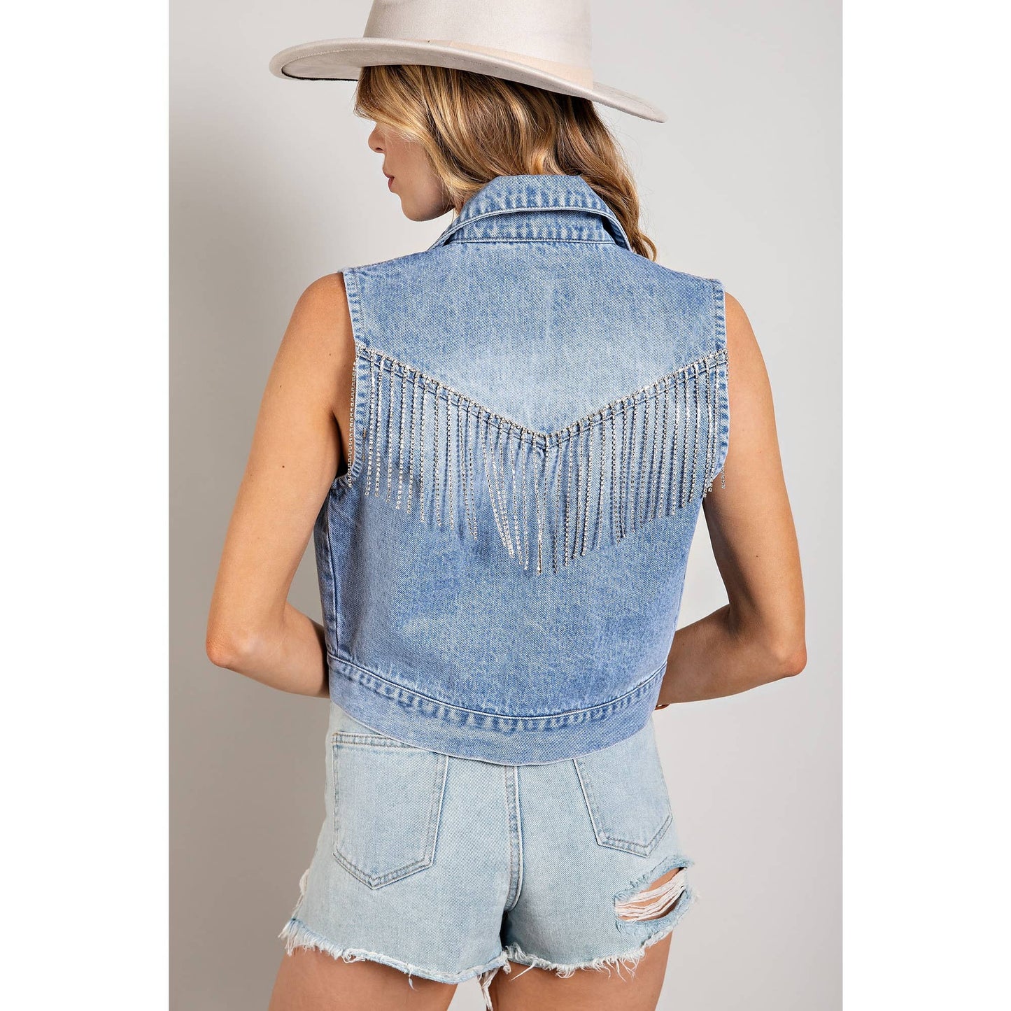 Rhinestone Fringe Denim Vest