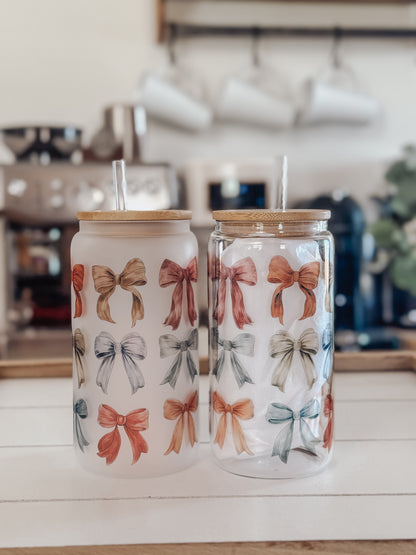 Fall Bows 16oz Glass Can Cup