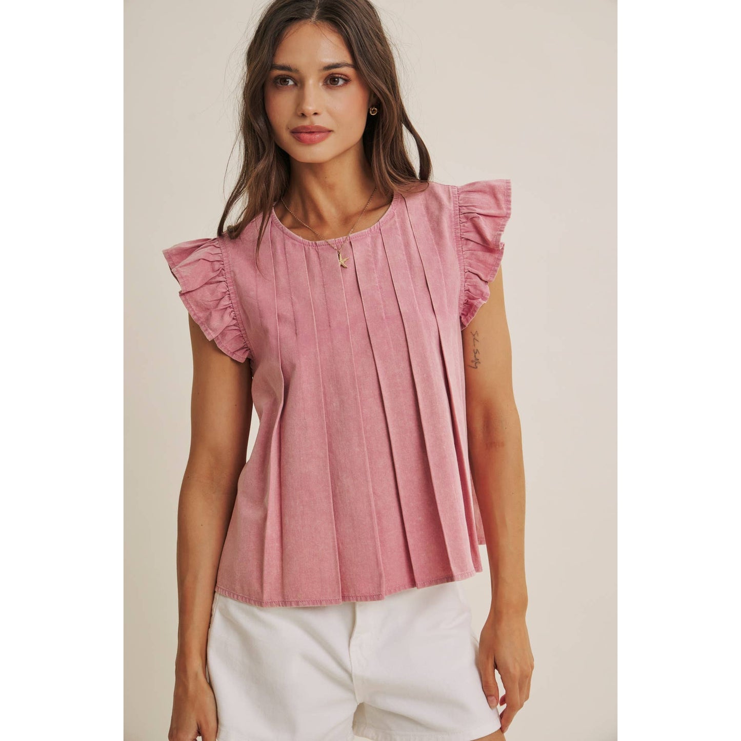 Blush Pleated Ruffle Sleeve Top