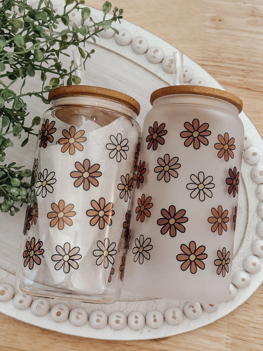 Fall Daisies 16oz Glass Can Cup