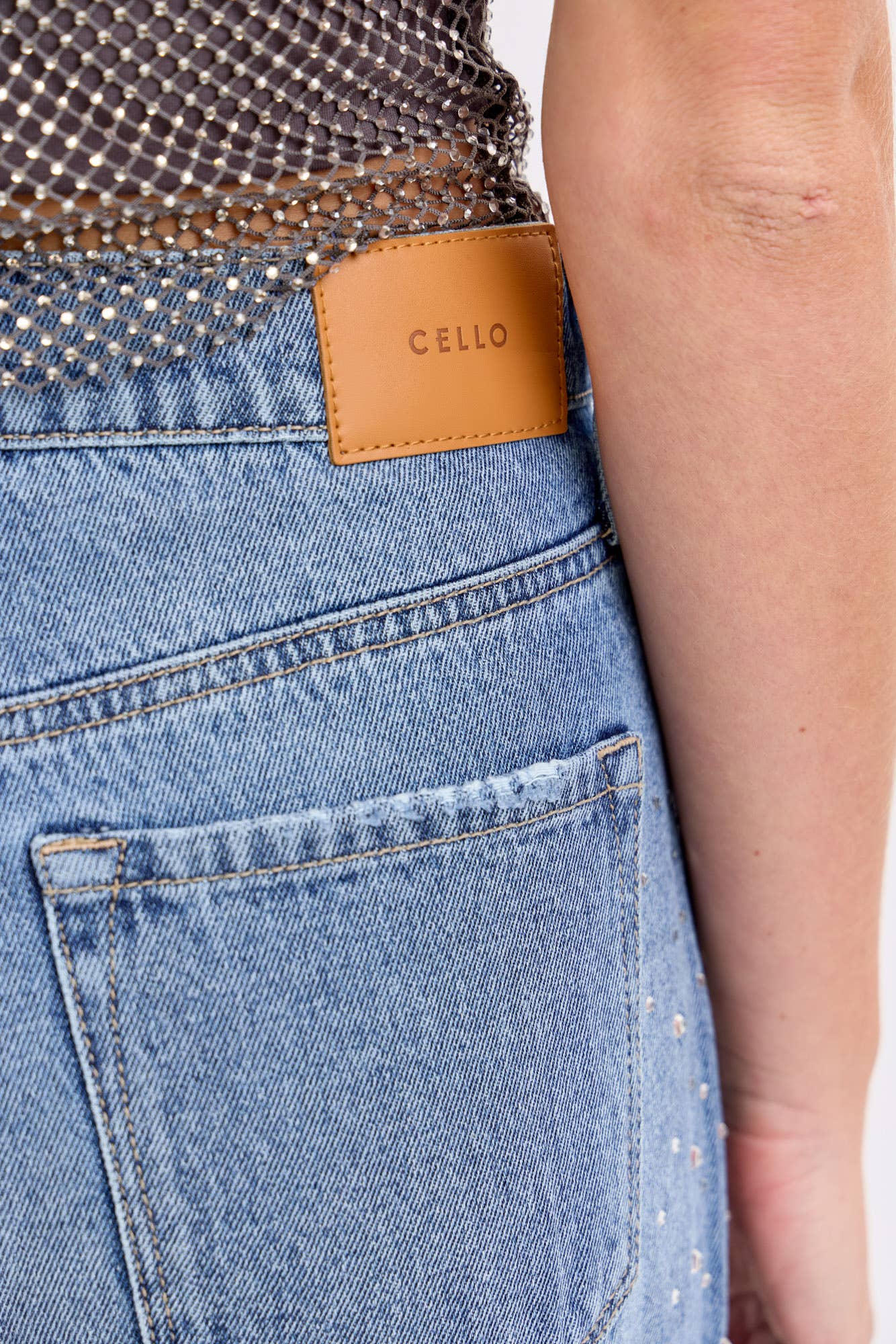 High Rise Wide Leg Jeans with Rhinestones