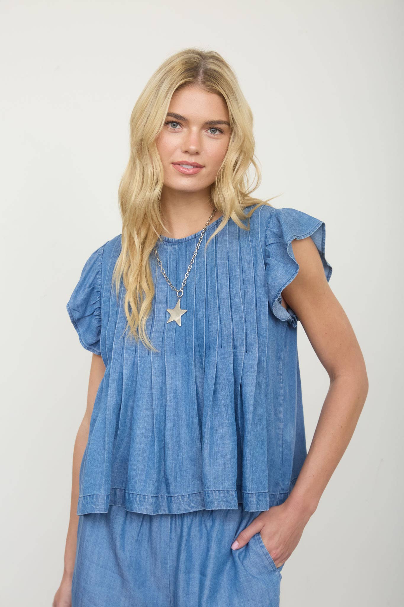 Blue Skies Pleated Denim Top