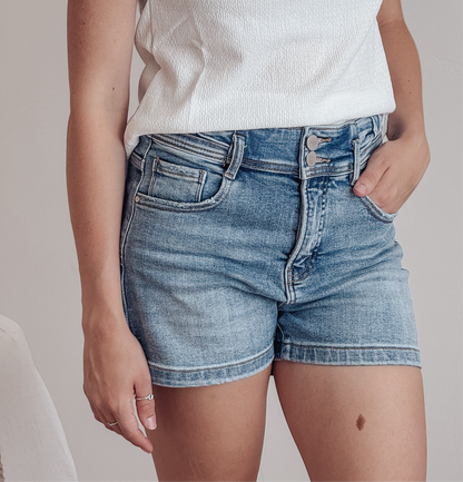 Risen Tummy Control High Rise Bow Detailed Shorts - Medium Wash