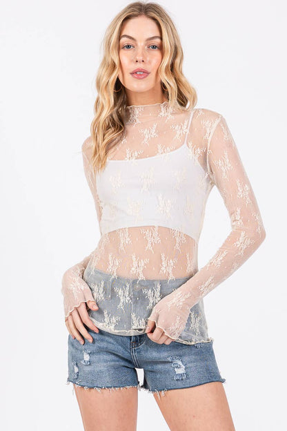 Long Sleeve Floral Lace Top Taupe