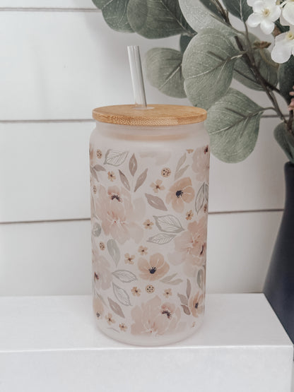 Pink Spring Watercolor Floral 16oz Glass Can Cup