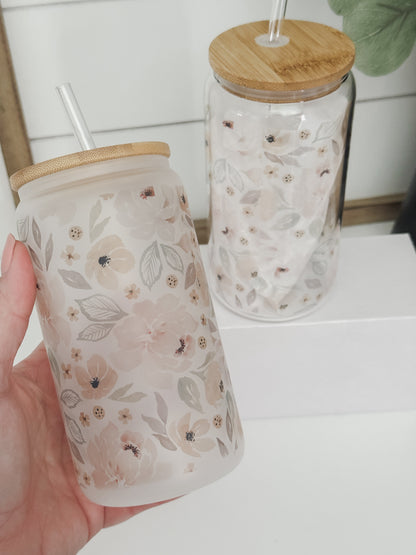 Pink Spring Watercolor Floral 16oz Glass Can Cup