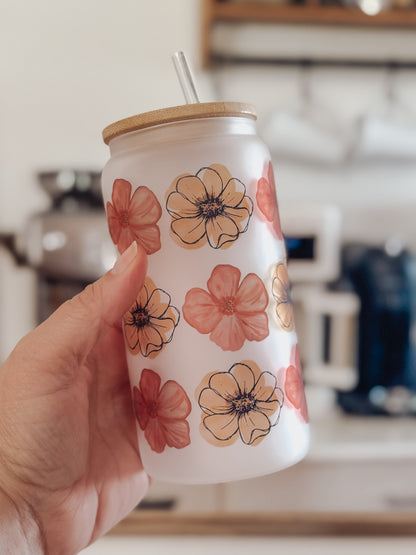 Autumn Flowers 16oz Glass Can Cup