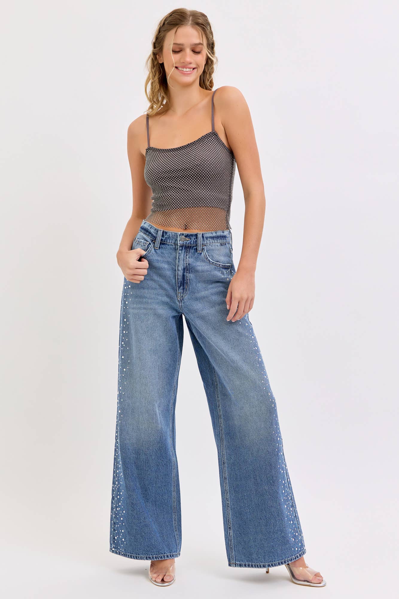 High Rise Wide Leg Jeans with Rhinestones
