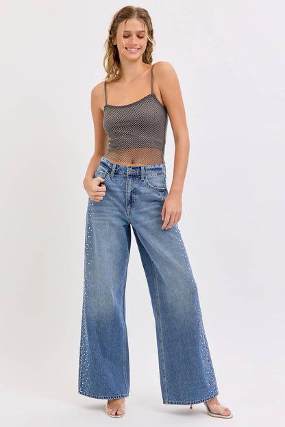 High Rise Wide Leg Jeans with Rhinestones