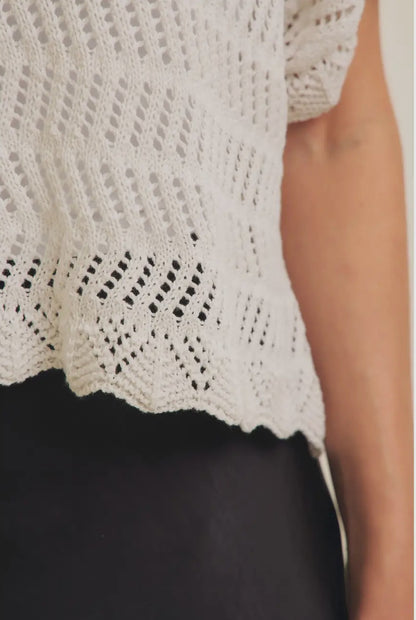 Oversized Round Neck Crochet Sweater Top with Scallop Edges