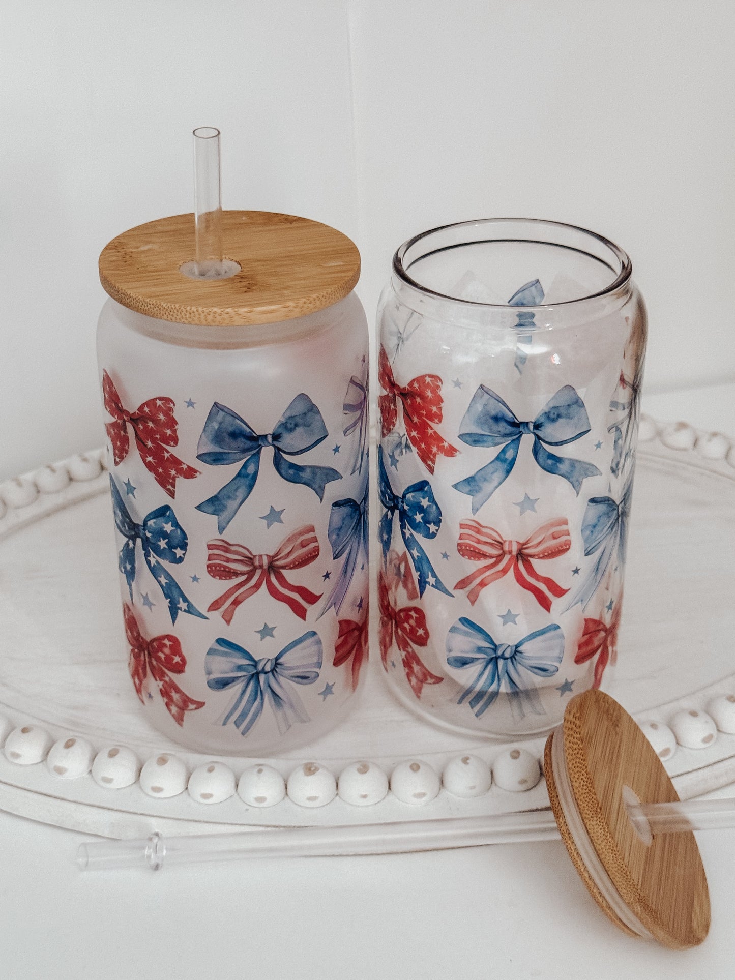 Patriotic Bows 16oz Glass Can Cup