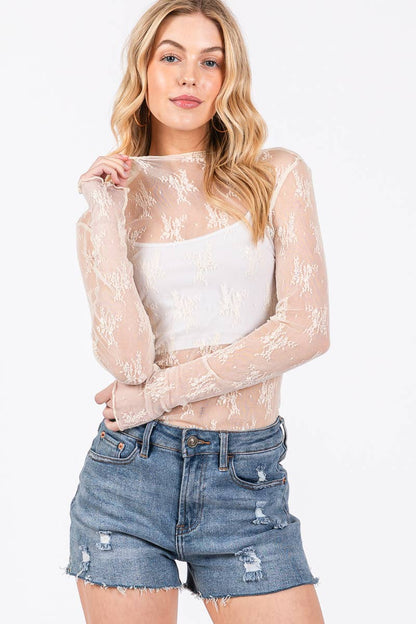 Long Sleeve Floral Lace Top Taupe