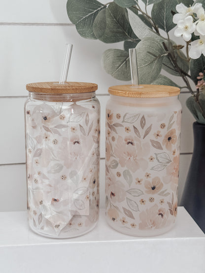 Pink Spring Watercolor Floral 16oz Glass Can Cup