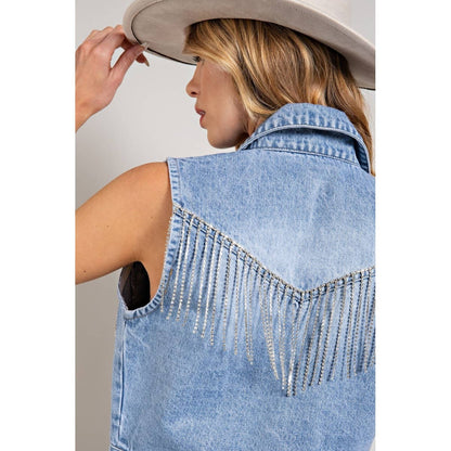Rhinestone Fringe Denim Vest